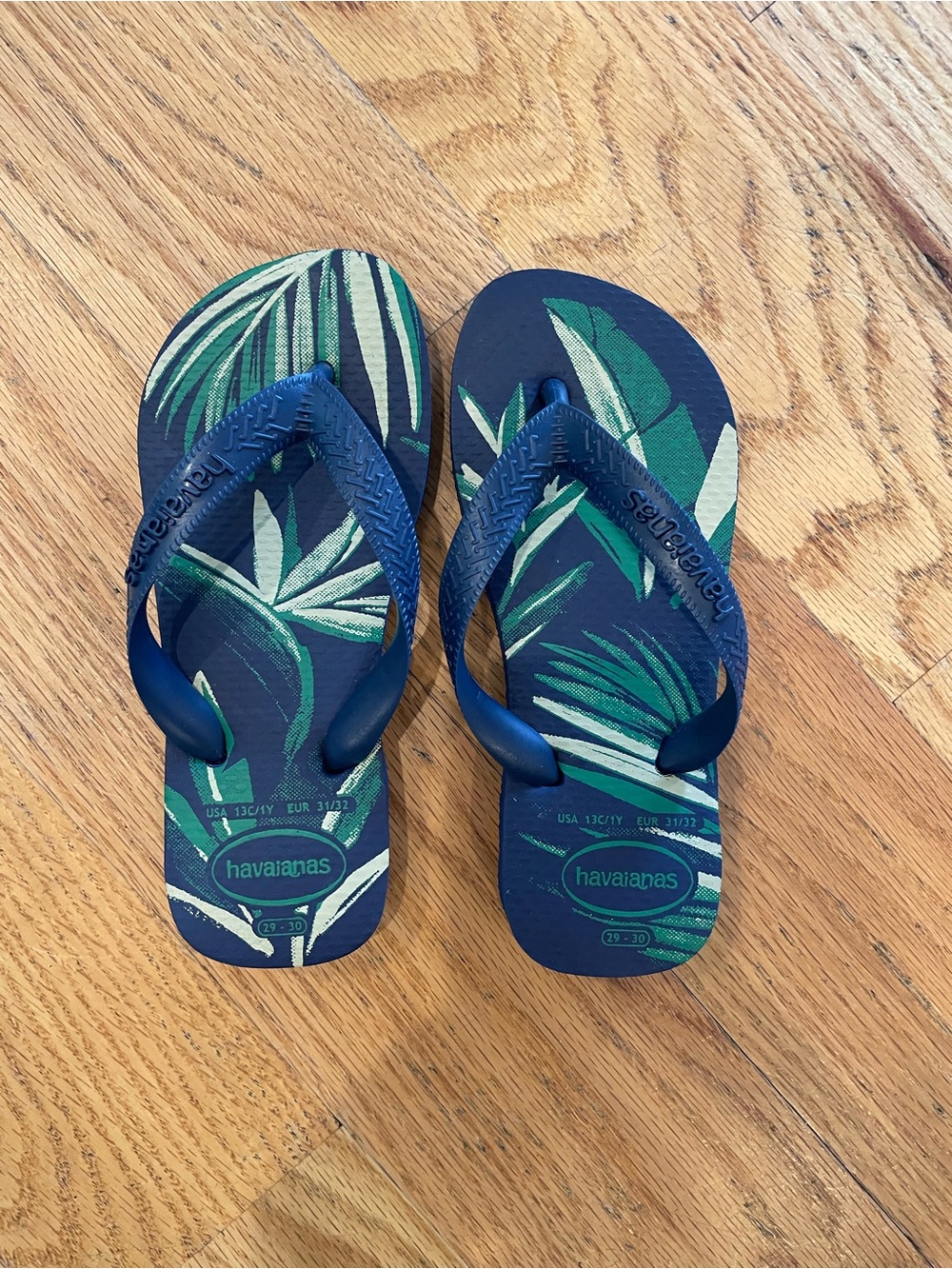 Havaianas Navy Flip Flops with Green Leaf Print